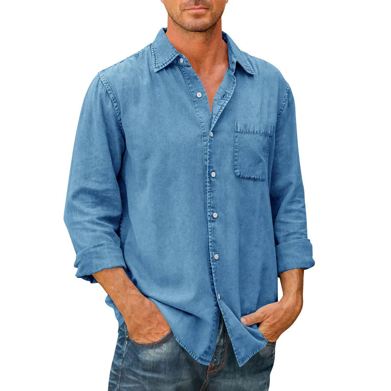 Langärmliges Denim-Button-Down-Hemd für Herren