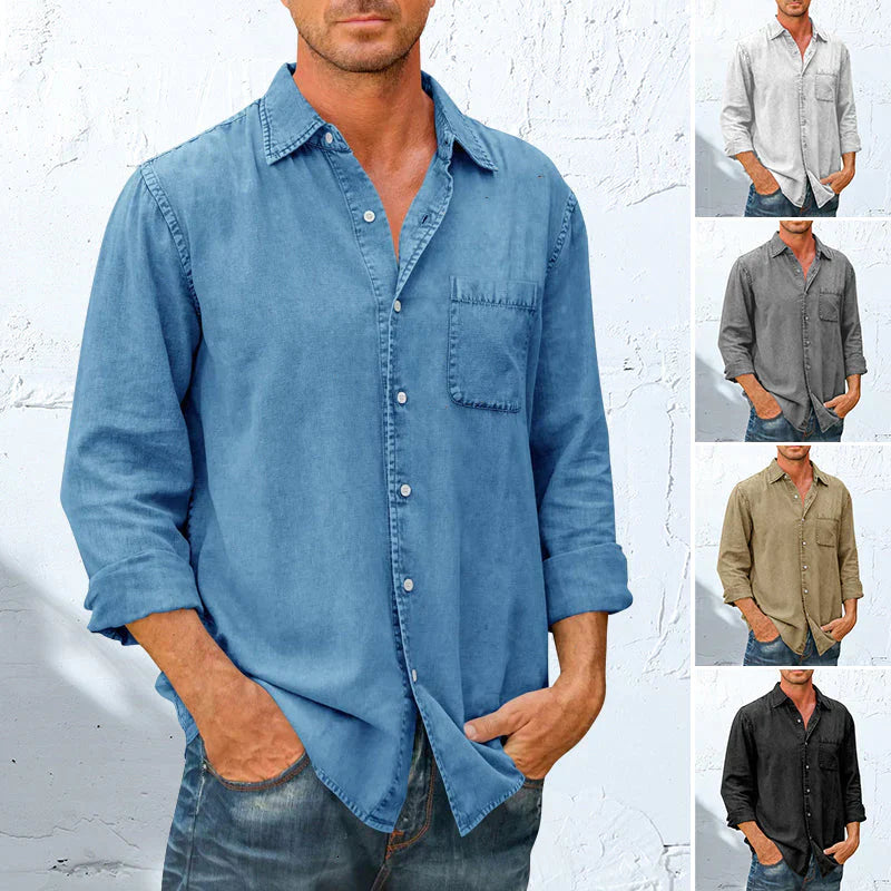 Langärmliges Denim-Button-Down-Hemd für Herren